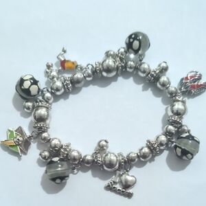 Silver‎ and Black Beaded Soccer Charm Bracelet